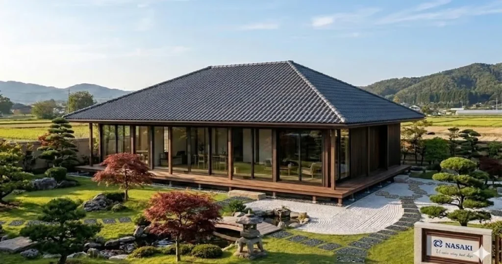 Nhà mái Nhật lợp ngói tông ghi đậm giữa sân vườn