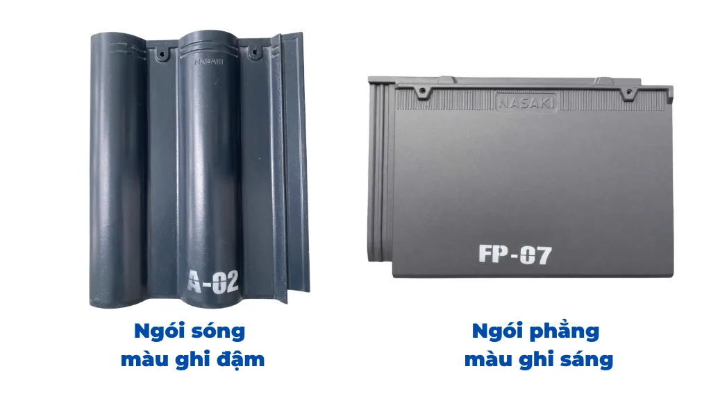 Ngói sóng A-02 màu ghi đậm và ngói phẳng FP-07 màu ghi sáng của NASAKI