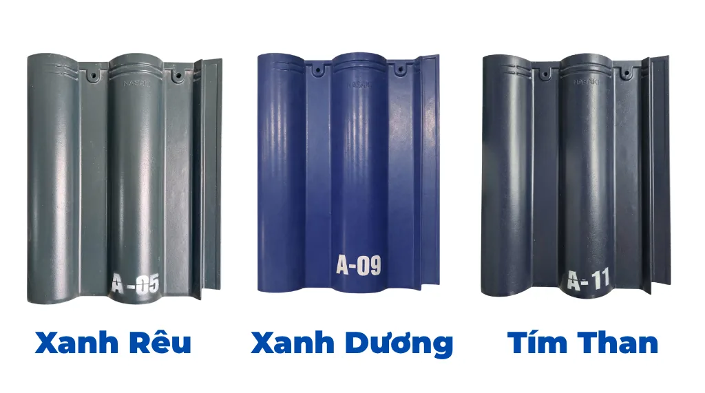 Ngói NASAKI màu xanh rêu A-05, xanh dương A-09 và tím than A-11