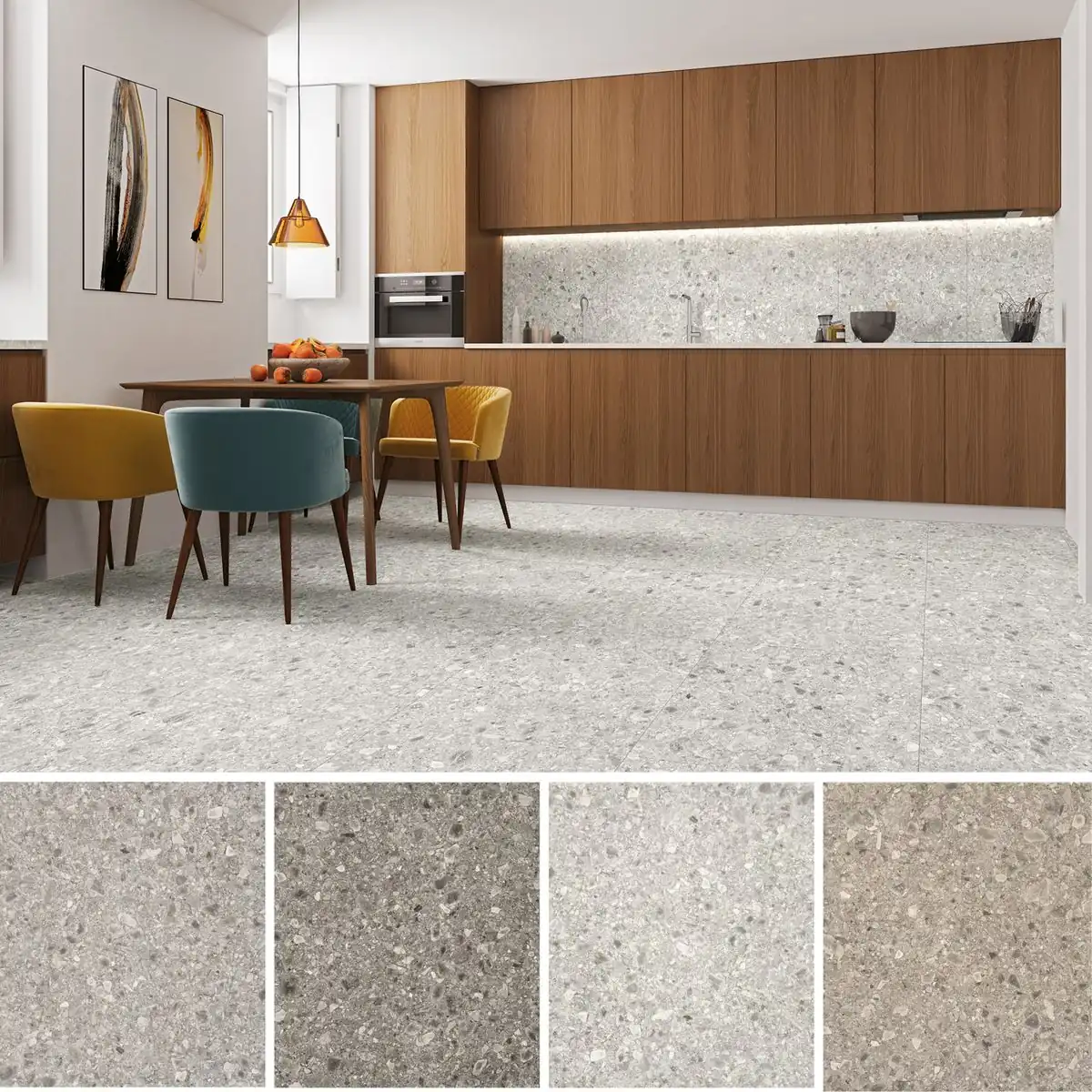 Phòng bếp ăn lát gạch Terrazzo sáng màu mang phong cách cổ điển pha hiện đại