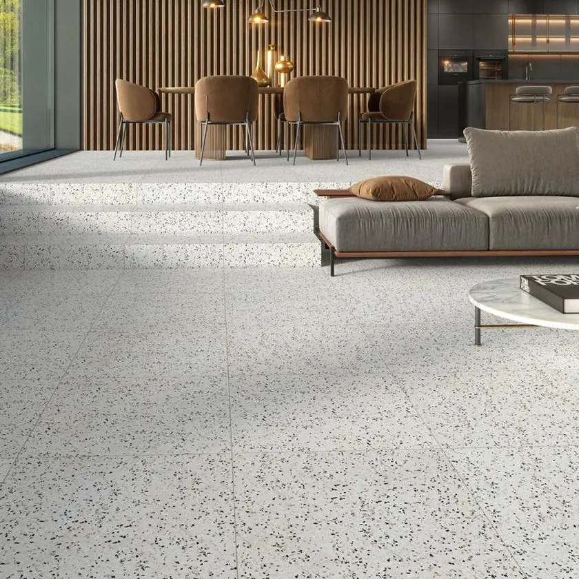 Phòng khách lát gạch Terrazzo tạo không khí phong cách cổ điển ấm cúng